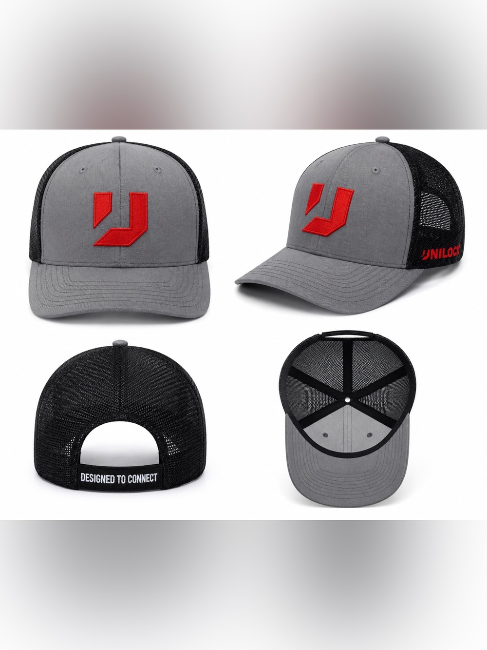 Grey and Black Trucker Hat with Red Logo Patch